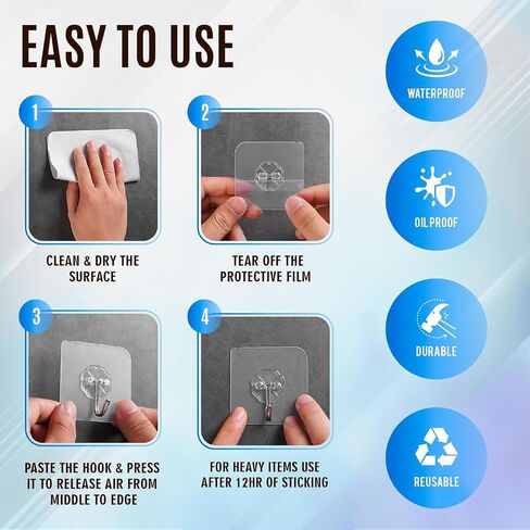 Ultra-Strong Transparent Adhesive Hooks - Waterproof Clear Hooks for Home, Office, Kitchen - 13 lbs Heavy Duty, No Drilling Required- Pack of 20 (10, Medium) in Saudi Arabia