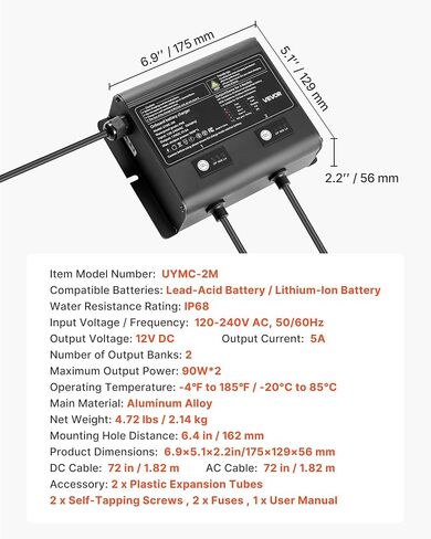 شاحن البطارية البحرية Vevor ، 1-Bank ، 5A 12V على متن الشاحن على متن القوارب ، شاحن بطارية ذكي على IP68 IP68 in Kuwait