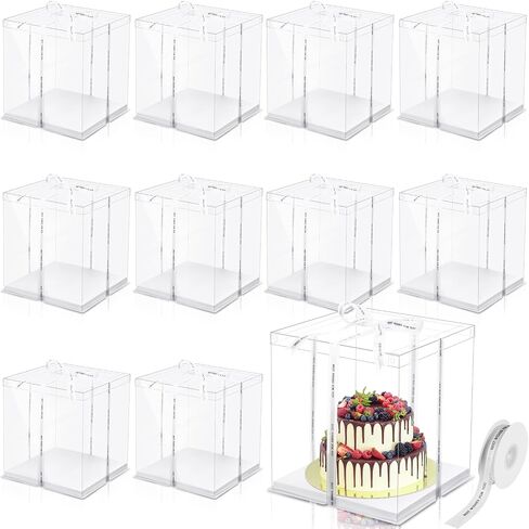 Maxdot 10 PCS صناديق كعكة طويلة شفافة 12 "× 12" × 14 "صندوق كعكة صافٍ كبير مع حاملة كعكة زفاف حاملة زفاف صناديق هدايا واضحة لعرض حلوى عيد ميلاد الحفلات (البيج) in Kuwait