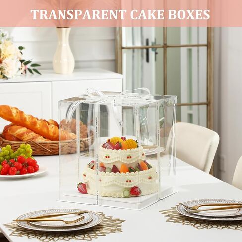 Maxdot 10 PCS صناديق كعكة طويلة شفافة 12 "× 12" × 14 "صندوق كعكة صافٍ كبير مع حاملة كعكة زفاف حاملة زفاف صناديق هدايا واضحة لعرض حلوى عيد ميلاد الحفلات (البيج) in Kuwait