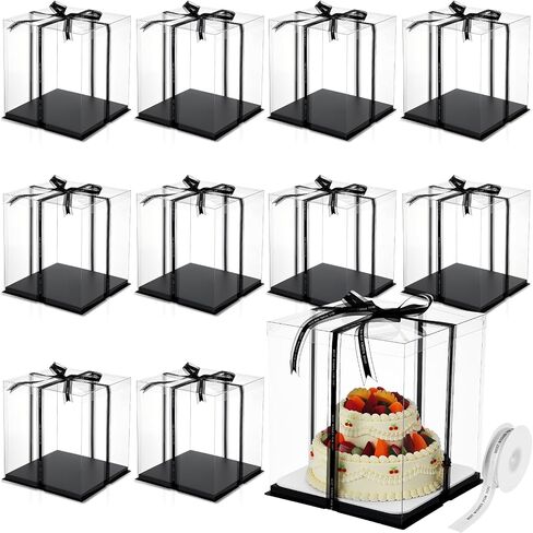 Maxdot 10 PCS صناديق كعكة طويلة شفافة 12 "× 12" × 14 "صندوق كعكة صافٍ كبير مع حاملة كعكة زفاف حاملة زفاف صناديق هدايا واضحة لعرض حلوى عيد ميلاد الحفلات (البيج) in Kuwait