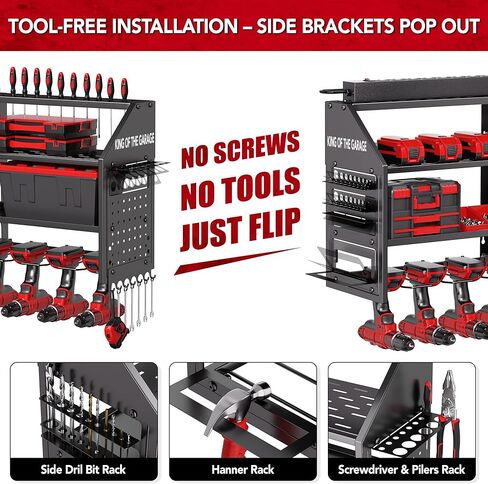 Power Tool Organizer Wall Mount with Charging Station – King of the Garage, 4 Drill Holders, Heavy Duty Cordless Tool Rack with 4-Outlet Power Strip, Gifts for Him, Birthday Gifts for Men in Saudi Arabia