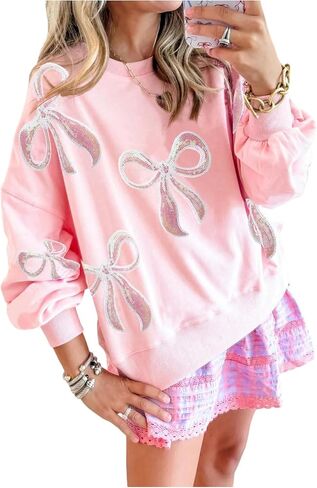 WDIRARA Women's Sequin Bow Sweatshirt Crew Neck Long Sleeve Pullover Top in Saudi Arabia