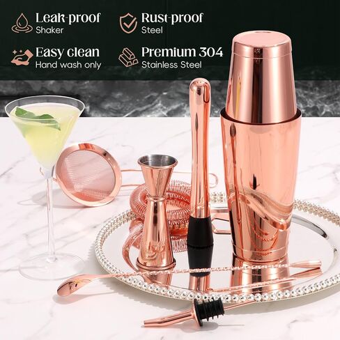 Boston Shaker Set Rose Gold, Stainless Steel Cocktail Shaker Set, 12 Pcs Bartender Kit Includes 18oz & 28oz Shaker Tins, Cocktail Strainer Set, Japanese Jigger and Bar Accessories in Saudi Arabia