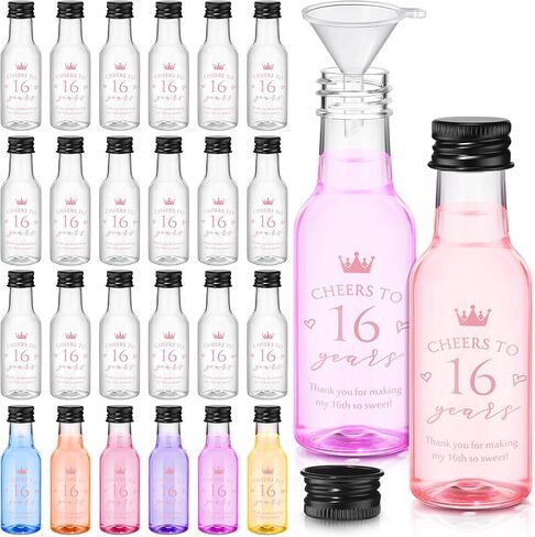 Boao 25 Pcs Sweet 16th Birthday Party Favors for Guests Include 50 Cheers to 16 Years 1.7oz Mini Liquor Bottles Airtight Plastic Alcohol Shot Bottles with Funnels for 16th Birthday Party Supplies in Saudi Arabia