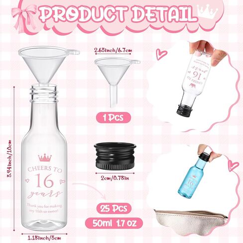 Boao 25 Pcs Sweet 16th Birthday Party Favors for Guests Include 50 Cheers to 16 Years 1.7oz Mini Liquor Bottles Airtight Plastic Alcohol Shot Bottles with Funnels for 16th Birthday Party Supplies in Saudi Arabia