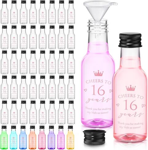 Boao 25 Pcs Sweet 16th Birthday Party Favors for Guests Include 50 Cheers to 16 Years 1.7oz Mini Liquor Bottles Airtight Plastic Alcohol Shot Bottles with Funnels for 16th Birthday Party Supplies in Saudi Arabia
