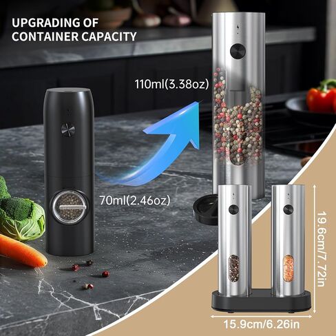 مجموعة طاحونة من الملح والفلفل الكهربائي مع قاعدة شحن ， فولاذ مقاوم للصدأ ، مجموعة طاحونة فلفل تلقائية من الأعلى ، والتبخين المرن ، وسعة أكبر 110 مل مع ضوء LED للمطبخ المنزلي (2 عبوة) in Saudi Arabia