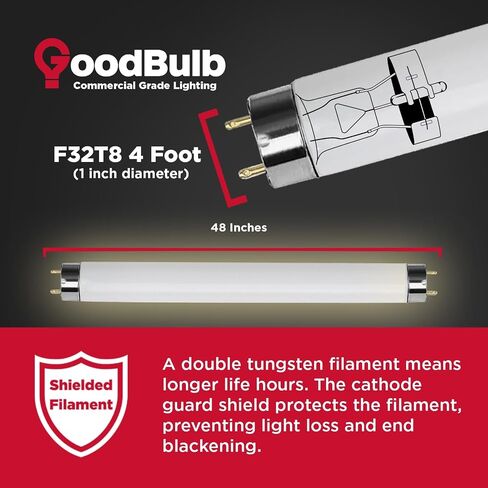 GoodBulb F32T8/835/ECO 32W 48 Inch T8 Fluorescent Light Bulb, 3500K Soft White Medium Bi-Pin Base, 3050 Lumens 86 CRI 24000 Life Hours, Instant/Programmed Start (25 Pack) in Kuwait