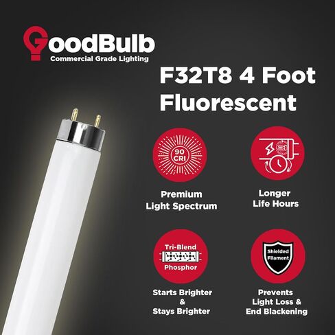GoodBulb F32T8/835/ECO 32W 48 Inch T8 Fluorescent Light Bulb, 3500K Soft White Medium Bi-Pin Base, 3050 Lumens 86 CRI 24000 Life Hours, Instant/Programmed Start (25 Pack) in Kuwait