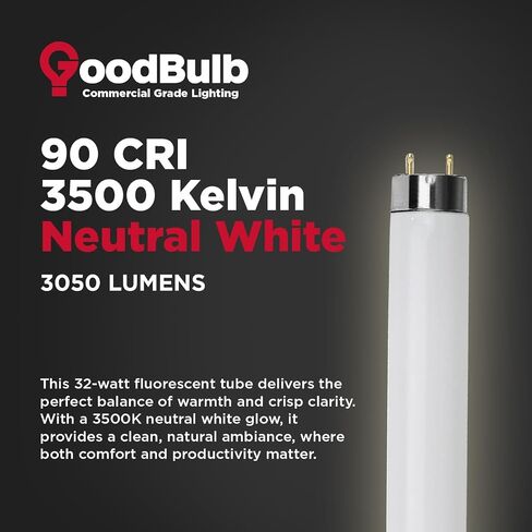GoodBulb F32T8/835/ECO 32W 48 Inch T8 Fluorescent Light Bulb, 3500K Soft White Medium Bi-Pin Base, 3050 Lumens 86 CRI 24000 Life Hours, Instant/Programmed Start (25 Pack) in Kuwait