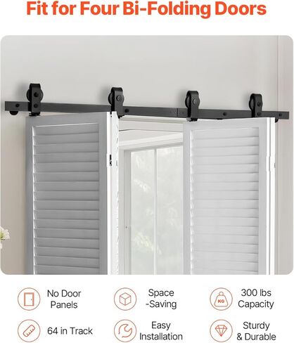 VEVOR 64 "BI-Folding Barn Door Hardware Track Track ، أجهزة الأبواب المنزلق ذات الأطراف ذات الأطراف الشديدة ، بسلاسة ، بسلاسة ، ثقيلة ، سهلة التثبيت ، لأربعة 15 بوصة للأبواب BAINDRY BANUNDY BANDRY [لا باب] in Saudi Arabia