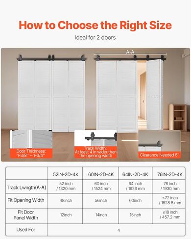 VEVOR 64 "BI-Folding Barn Door Hardware Track Track ، أجهزة الأبواب المنزلق ذات الأطراف ذات الأطراف الشديدة ، بسلاسة ، بسلاسة ، ثقيلة ، سهلة التثبيت ، لأربعة 15 بوصة للأبواب BAINDRY BANUNDY BANDRY [لا باب] in Saudi Arabia