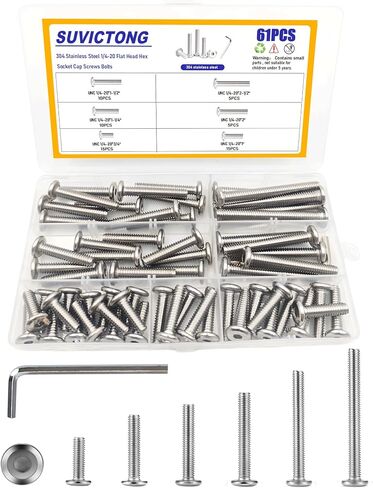 61Pcs 1/4-20 Flat Head Hex Socket Cap Screws Assortment Kit, 1/4-20 x 3/4" 1" 1-1/4" 1-1/2" 2" 2-1/2" Socket Cap Bolts,304 Stainless Steel,Bright Finish,Full Thread, with Hex Spanner in Saudi Arabia
