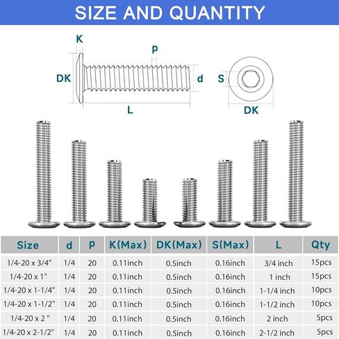 61Pcs 1/4-20 Flat Head Hex Socket Cap Screws Assortment Kit, 1/4-20 x 3/4" 1" 1-1/4" 1-1/2" 2" 2-1/2" Socket Cap Bolts,304 Stainless Steel,Bright Finish,Full Thread, with Hex Spanner in Saudi Arabia