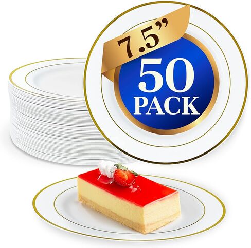 ريلي. 50 PCS لوحات حلوى بلاستيكية ، يمكن التخلص منها (7.5 بوصة ، أبيض ث/حافة الذهب) | لوحات صغيرة للحفلات ، والخدمة الثقيلة | البلاستيك الصلب ، للحلوى ، الزفاف ، عيد ميلاد ، السلطة/المقبلات (7.5 ") in Saudi Arabia