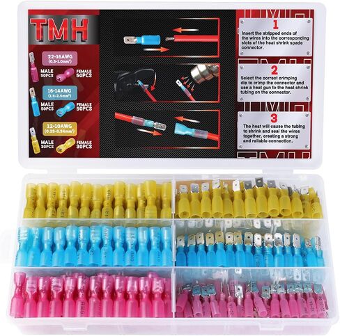 TMH 300 PCS Heat Crink Spade Connecors AWG 22-10 موصلات الأسلاك الكهربائية - محطات آسيا الإناث والذكور للمراكب المائية ، والالكترونيات ، وموصلات تجعيد السيارات in Kuwait