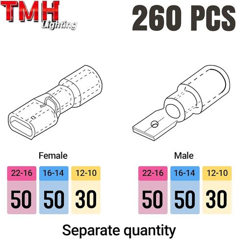 TMH 300 PCS Heat Crink Spade Connecors AWG 22-10 موصلات الأسلاك الكهربائية - محطات آسيا الإناث والذكور للمراكب المائية ، والالكترونيات ، وموصلات تجعيد السيارات in Kuwait