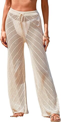 Womens Crochet Knit Elastic Waist Swimsuit Coverup Summer 2025 Striped Beach Bathing Suit Cover Up Pants in Kuwait
