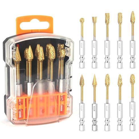 10Pcs 1/4" Carbide Burr Set - Titanium Coated Hex Shank for Metal/Wood/Plastic - Fits All 1/4" Hex Shank Die Grinders & Rotary Tools - High Speed Tungsten Steel, Double Cut, Sharp & Durable in Saudi Arabia