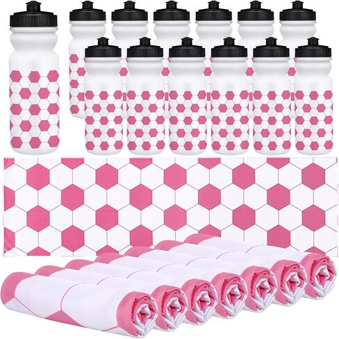 24 Pack Pink Soccer Party Favors for Women Girl 12 Pcs 20 oz Plastic Sport Water Bottles Bulk 12 Pcs 40"x12" Cooling Towels Breathable Chilly Towel for Soccer Party Supplies Team Gift in Saudi Arabia