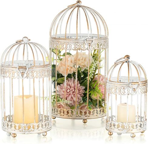 NUPTIO Decorative Bird Cages for Centerpiece: Black Vintage Bird Cage Hanging Lantern Set of 3 - Metal Birdcage Pillar Candle Holders for Halloween Party Table Fireplace Decor in Saudi Arabia