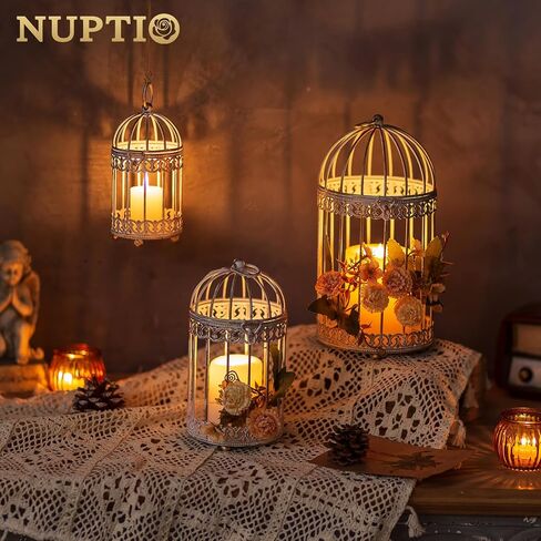 NUPTIO Decorative Bird Cages for Centerpiece: Black Vintage Bird Cage Hanging Lantern Set of 3 - Metal Birdcage Pillar Candle Holders for Halloween Party Table Fireplace Decor in Saudi Arabia