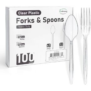 100 Count Plastic Silverware, Heavy Duty Plastic 50 Forks & 50 Spoons Disposable Utensils Cutlery Set for Party Supplies in Saudi Arabia