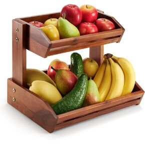 HOLANA Acacia 2 Tier Fruit Basket for Kitchen Counter Organizer – Wooden Fruit Bowl & Wooden Basket for Kitchen Counter Storage, Vegetable & Produce Storage, Snack Organizer for Countertop (Acacia) in Saudi Arabia