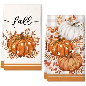 ARKENY Fall Kitchen Towels for Fall Decor,Orange Pumpkin Polka Dot Autumn Dish Towels 18x26 Inch Set of 2,Farmhouse Home Thanksgiving Harvest Vintage Decorations AD334 in Kuwait