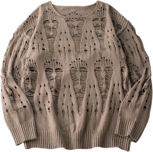 WDIRARA Men's Ripped Distressed Sweater Crewneck Long Sleeve Pullovers Oversized Knit Top in Saudi Arabia