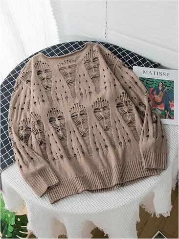 WDIRARA Men's Ripped Distressed Sweater Crewneck Long Sleeve Pullovers Oversized Knit Top in Saudi Arabia