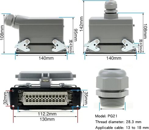 HDC-HE-024 Rectangular Heavy Duty Connector 24 Pins Industrial Aviation Waterproof Plug Socket with Protective Cover 500V 16A(24high Base Side Out) in Saudi Arabia