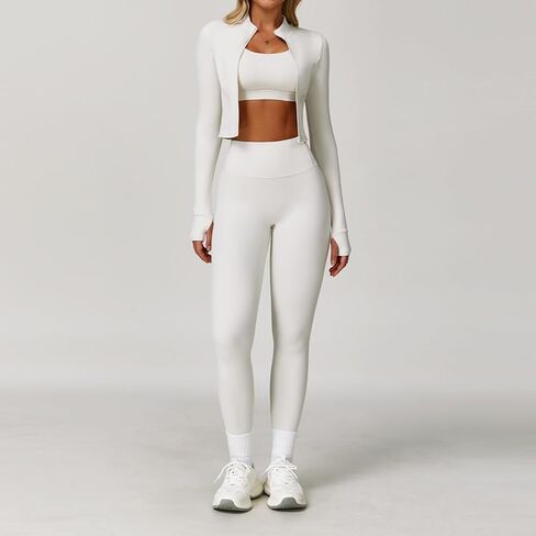 Yknktstc مجموعات تجريب 3 قطع للنساء مع حمالات صدر رياضية Strappy وطماق عالية الخصر سترة علوية قصيرة ملابس الصالة الرياضية واليوجا in Kuwait