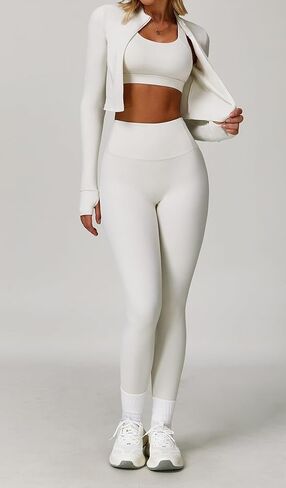 Yknktstc مجموعات تجريب 3 قطع للنساء مع حمالات صدر رياضية Strappy وطماق عالية الخصر سترة علوية قصيرة ملابس الصالة الرياضية واليوجا in Kuwait