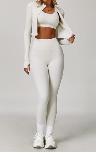 Yknktstc مجموعات تجريب 3 قطع للنساء مع حمالات صدر رياضية Strappy وطماق عالية الخصر سترة علوية قصيرة ملابس الصالة الرياضية واليوجا in Kuwait