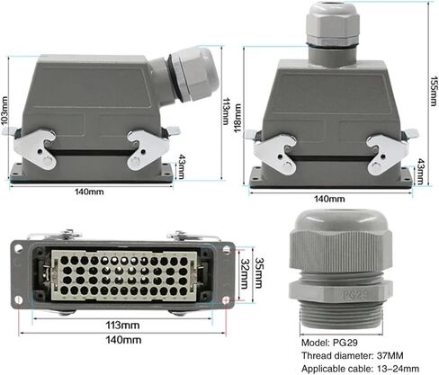 HDC-HEE-046-1/2 موصل مستطيل الثقيل 46 Core Industrial Industrial Cold Cold Socket 500V 16A (الخط الجانبي) in Kuwait