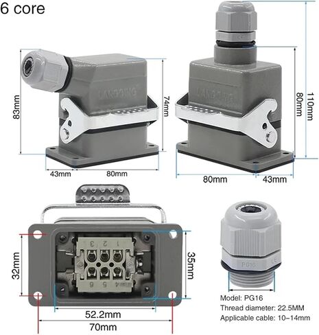 HDC-HE-006-F/M الموصل الصناعي المستطيل الثقيل الطيران المقاوم للماء 6 مقبس أنثى وقابس الذكور 500V 16A (مقبس أنثى) in Saudi Arabia