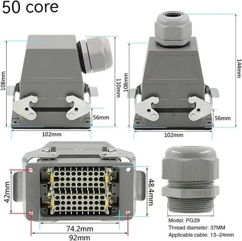 HDC-HDD-050-1/2 Rectangular Heavy Duty Connector 50 core Industrial Aviation Plug Socket Crimp The Connecting pin 250V 10A in Saudi Arabia