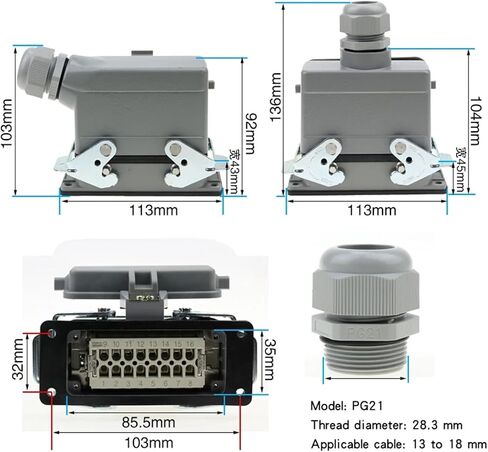 HDC-HE-016 Rectangular Heavy Duty Connector 16 Pins Industrial Aviation Waterproof Plug Socket with Protective Cover 500V 16A(16 Core Top Line) in Saudi Arabia