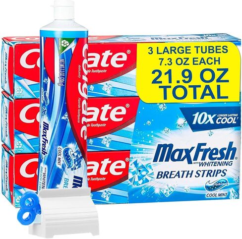 Max Toothpaste with Mini Breath Strips, Cool Mint 3 Large Tubes of 7.3 oz (Total 21.9 oz) Whitening, Fluoride Cavity Protection, Long-Lasting Fresh Breath Bonus Toothpaste Squeezer in Saudi Arabia