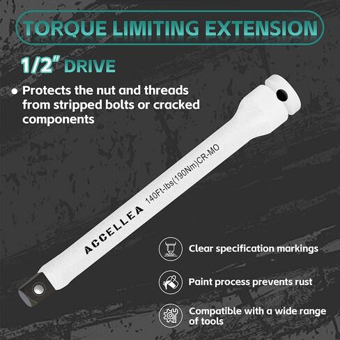 5-Piece Torque Limiting Extension Bar Set, 1/2" Drive, 8" Long, 65-140 Ft-lbs, CR-MO, SAE Standard, Color-Coded Impact Socket Extension Bar Set with Storage Case, for Tire Repair & Drills in Kuwait
