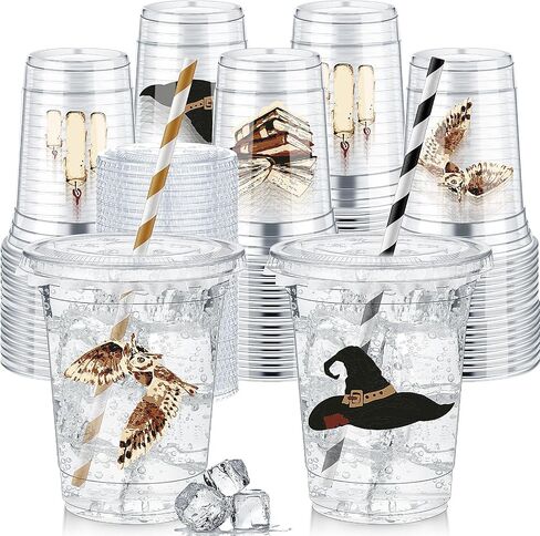 Pickmesh 50 Pcs Magical Wizard Cups 12 oz Disposable Plastic Cups with Straws Lids and Leakproof Paper Clear Vintage Wizard Birthday Party Table Decorations Supplies Favor (Gold and Black) in Saudi Arabia