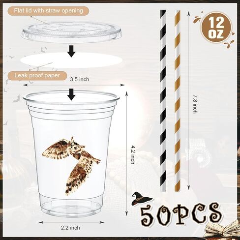 Pickmesh 50 Pcs Magical Wizard Cups 12 oz Disposable Plastic Cups with Straws Lids and Leakproof Paper Clear Vintage Wizard Birthday Party Table Decorations Supplies Favor (Gold and Black) in Saudi Arabia