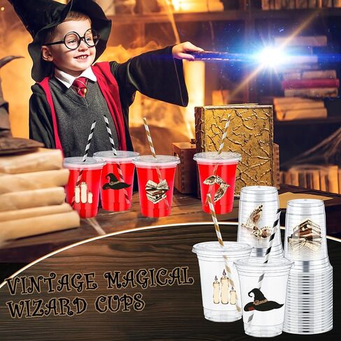 Pickmesh 50 Pcs Magical Wizard Cups 12 oz Disposable Plastic Cups with Straws Lids and Leakproof Paper Clear Vintage Wizard Birthday Party Table Decorations Supplies Favor (Gold and Black) in Saudi Arabia