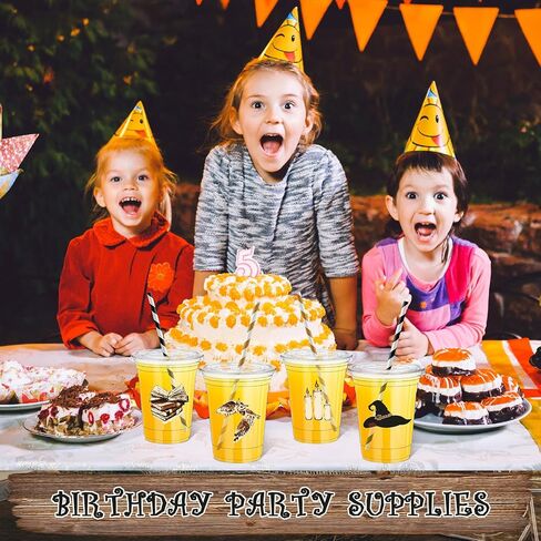 Pickmesh 50 Pcs Magical Wizard Cups 12 oz Disposable Plastic Cups with Straws Lids and Leakproof Paper Clear Vintage Wizard Birthday Party Table Decorations Supplies Favor (Gold and Black) in Saudi Arabia