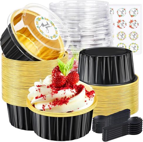 30pcs أحواض كعكة صغيرة مع أغطية رقائق الألومنيوم ، 5 أوقية قابلة للتخلص من المقاليات المصغرة مع الأغطية والملاعق ، فطيرة الخبز الصغيرة علب فطيرة الكعك الحاويات من أجل الطرف الوردي جولة in Kuwait