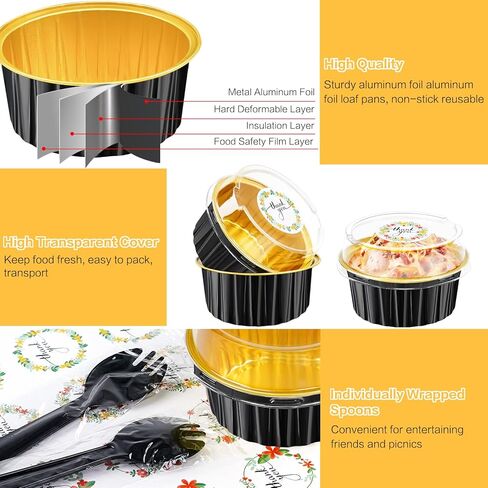 30pcs أحواض كعكة صغيرة مع أغطية رقائق الألومنيوم ، 5 أوقية قابلة للتخلص من المقاليات المصغرة مع الأغطية والملاعق ، فطيرة الخبز الصغيرة علب فطيرة الكعك الحاويات من أجل الطرف الوردي جولة in Kuwait