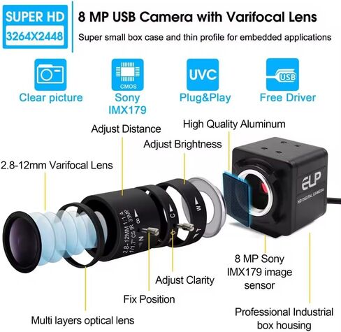 QILOVE USB Camera 2.8-12mm Varifocal Lens 8Megapixel Webcam with IMX179 (1/3.2'') 8mp Webcam for Android Linux Windows Industrial Video in Kuwait