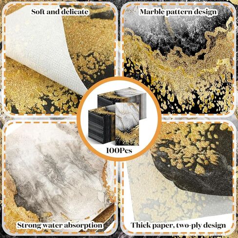 Geyoga 200 Pcs Marble Guest Napkins 2 Ply Disposable Guest Bathroom Paper Napkins Black Gold Marbleized Hand Towels for Home Bathroom Kitchen Table Decor (Black Gold) in Saudi Arabia